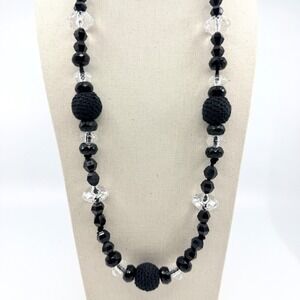 VTG Black & Clear Faceted Acrylic Beaded Statement Necklace Boho Crochet Accents